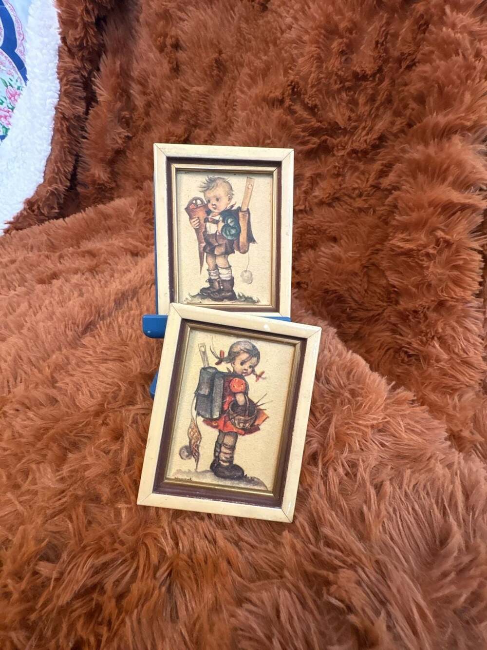 D7 Vintage Hummel Miniature Wood Framed Prints Boy and Girl  Set of 2